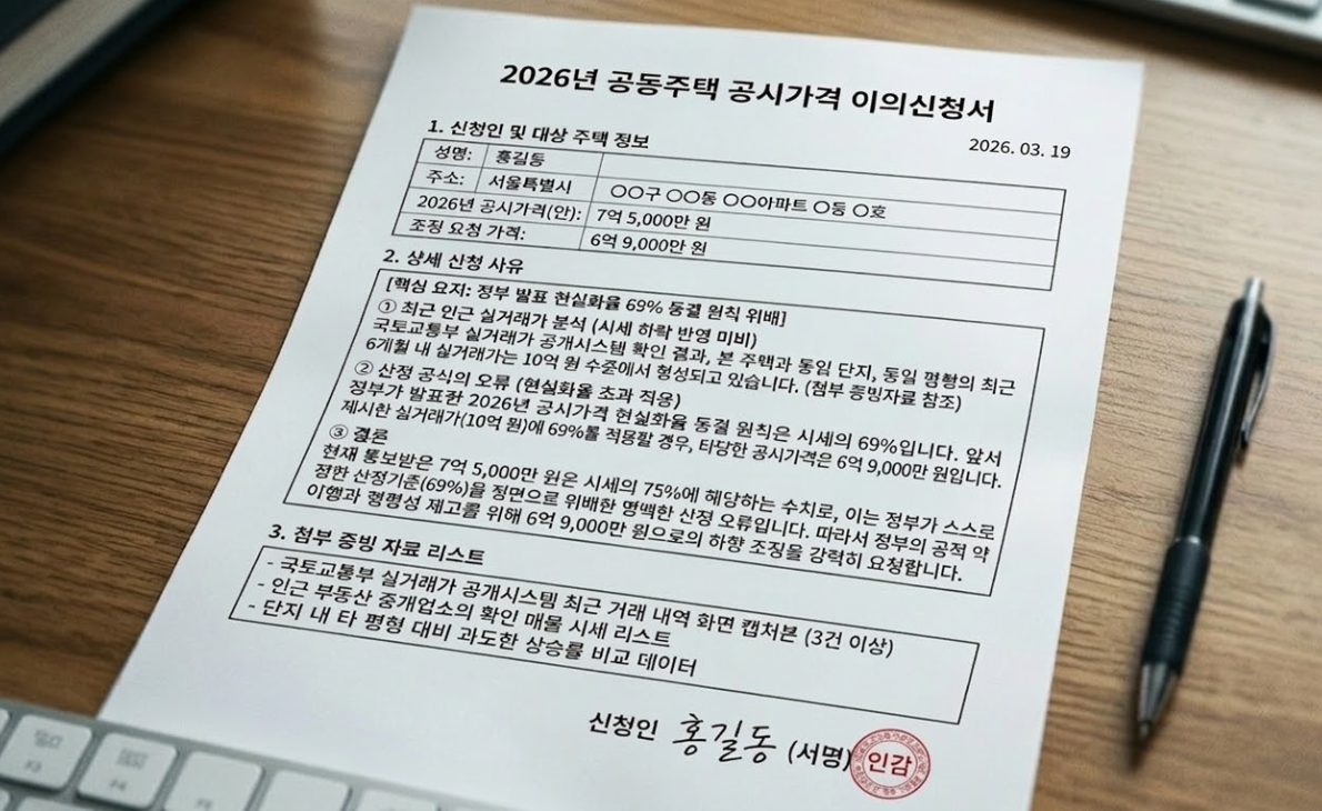 공시가격 이의신청 샘플 이의신청서 사례A 시세 하락 및 현실화율 초과 사유서 양식 이미지