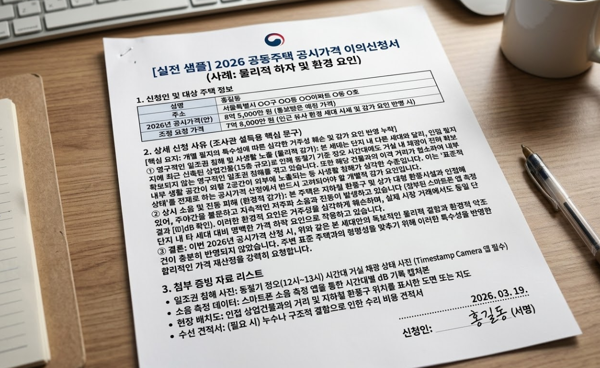 공시가격 이의신청 샘플 이의신청서 사례B 물리적 하자 및 환경 요인 사유서 양식 이미지