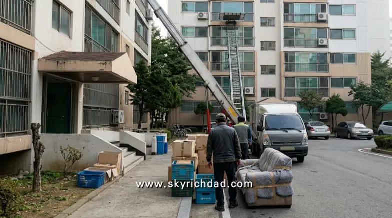 1기 신도시 재건축 이주 - 노후 아파트 앞에서 이삿짐을 옮기는 사다리차